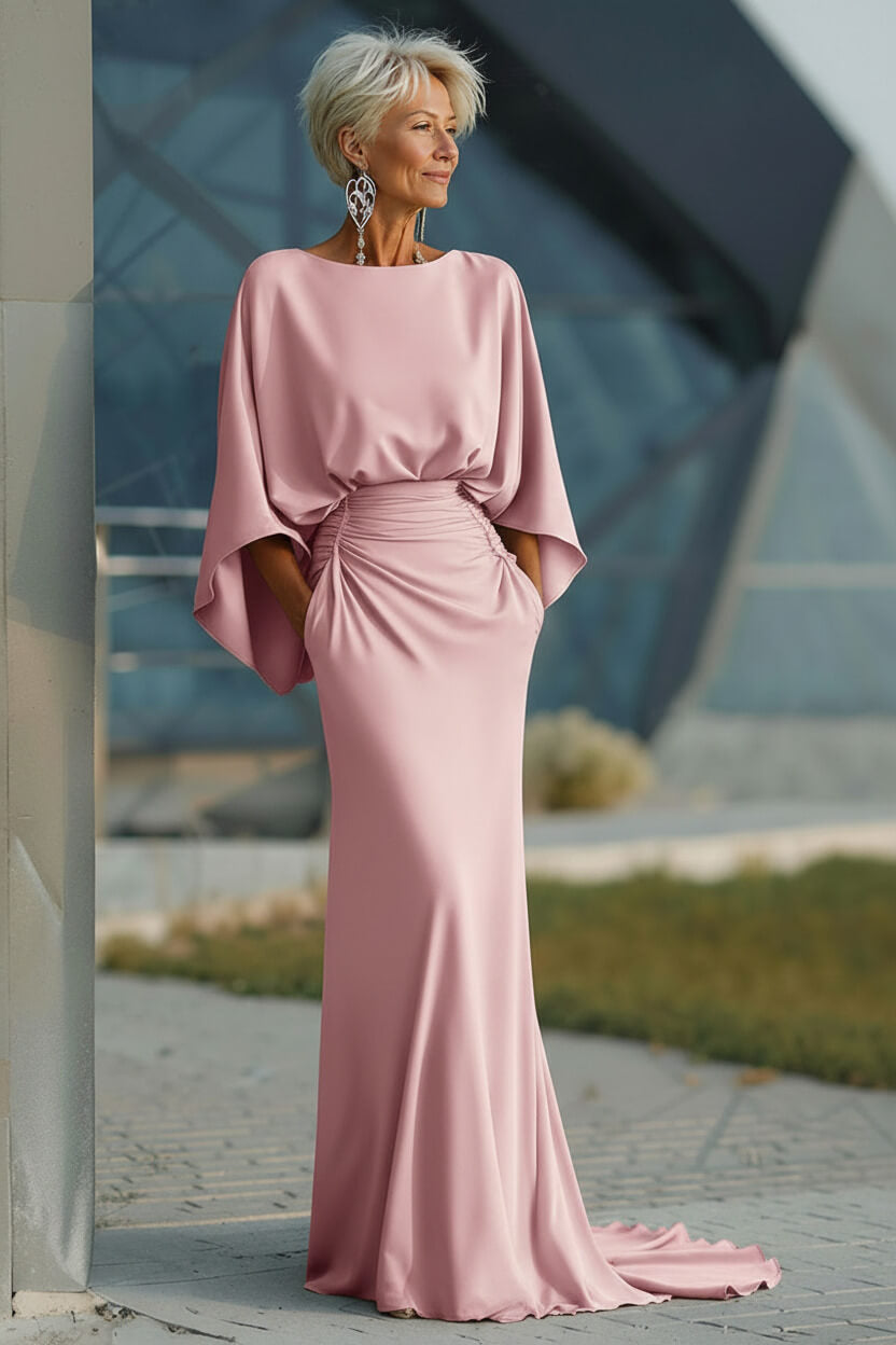 Navy Satin Mermaid Backless Long Mother Of The Bride Dress With Pockets