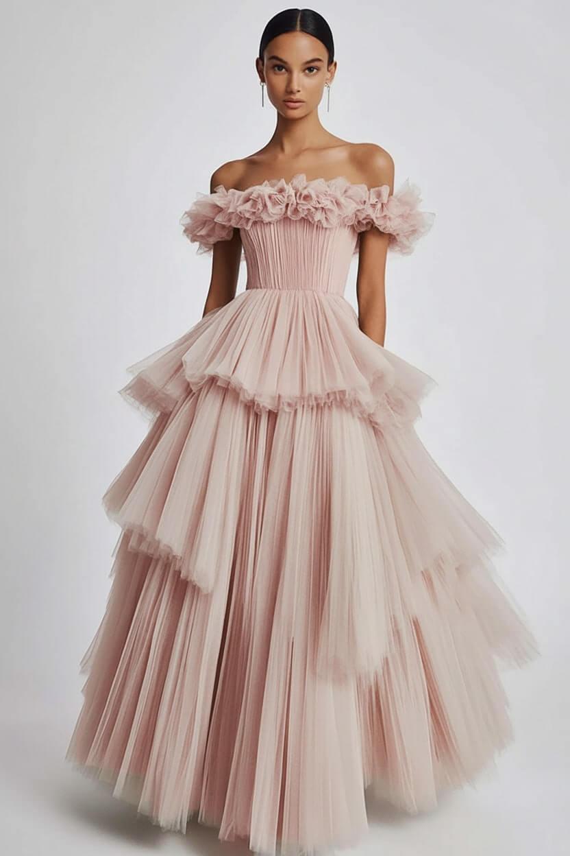 Dusty Sage Prom Dress Tulle Off The Shoulder Ball Gown Formal Dress With Ruffles