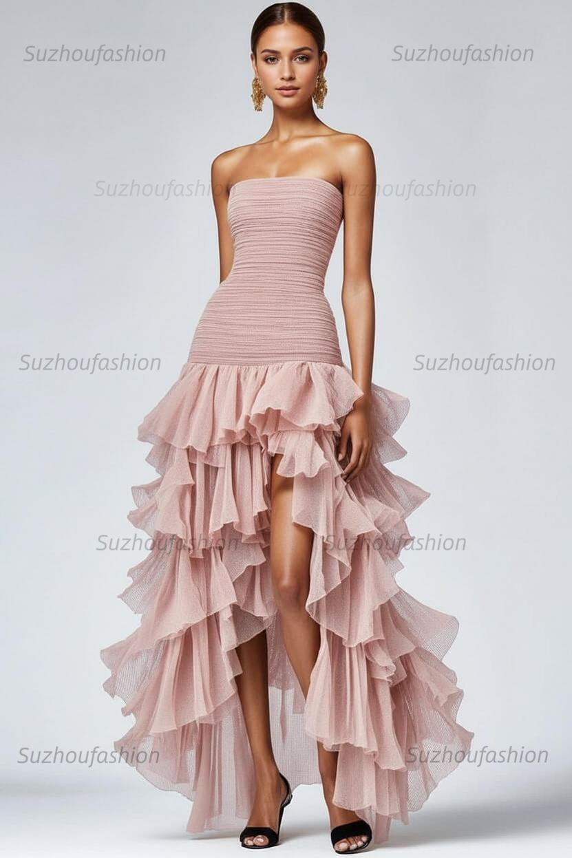 Black Wedding Guest Dress Strapless Tulle Long Ruffled Formal Dress With Slit