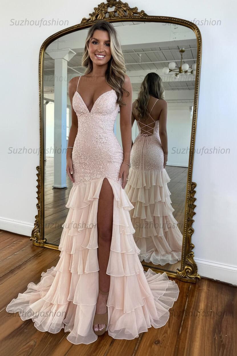Suzhoufashion Mermaid Spaghetti Straps Lace Up Long Prom Dress With Ruffle Skirt Formal Evening Gown
