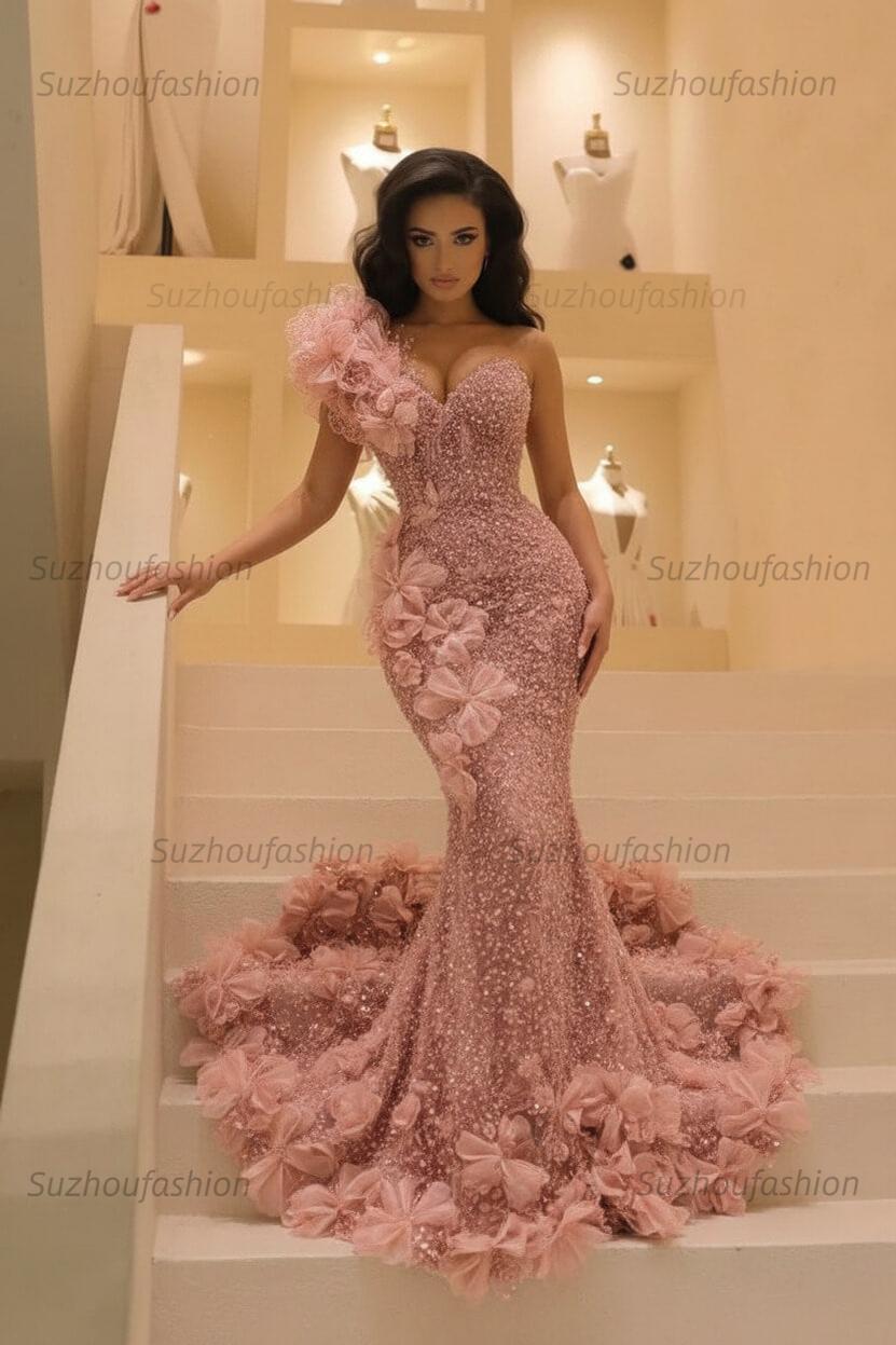 Burgundy One Shoulder Prom Dress Mermaid Sequined Formal Evening Dress with 3D Flowers