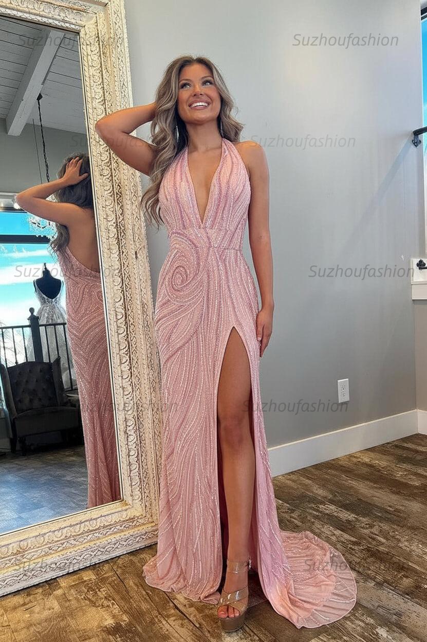 Halter Prom Dress Pink and Orange Mermaid Evening Dress with Slit