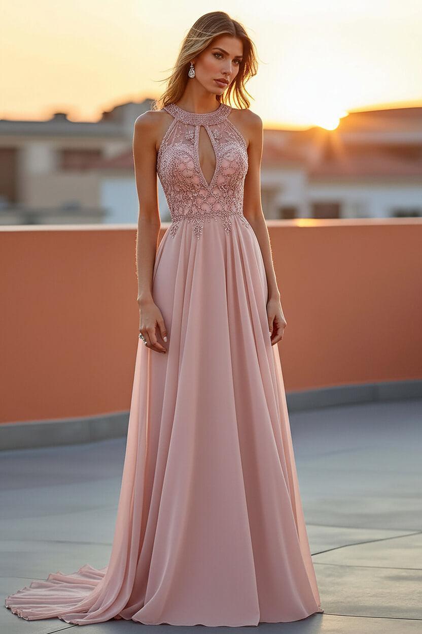 Beaded Navy Wedding Guest Dress Halter Long Formal Dress With Embroideries