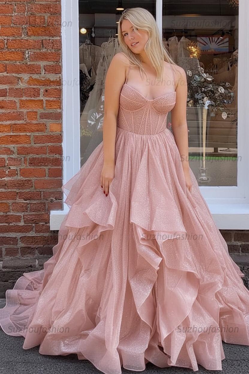 Dark Green A Line Long Corset Prom Dress With Ruffles