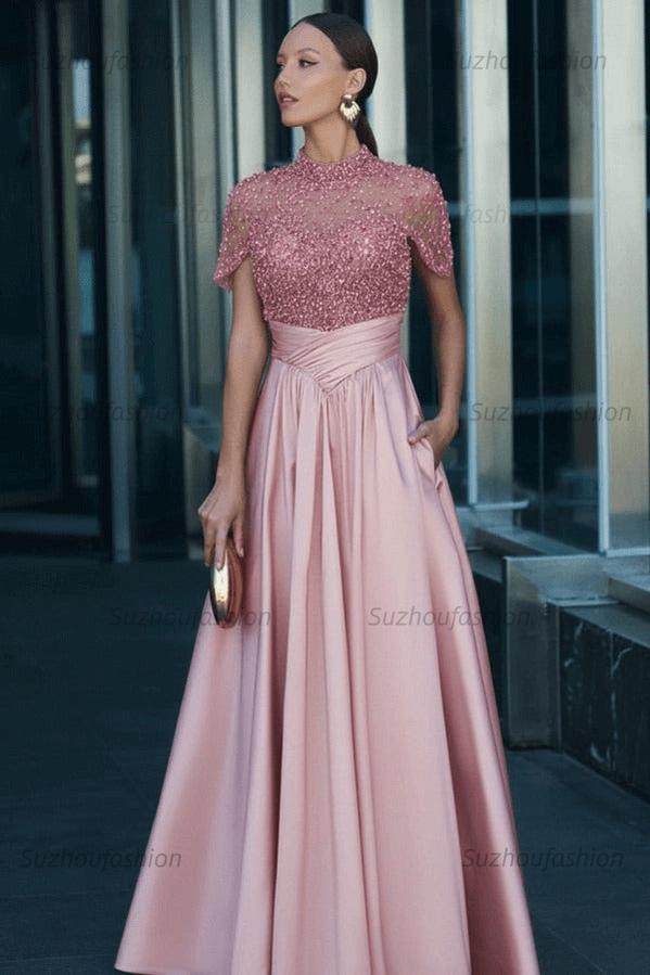High Neck Short Sleeves Long Evening Formal Dress With Beading Pockets