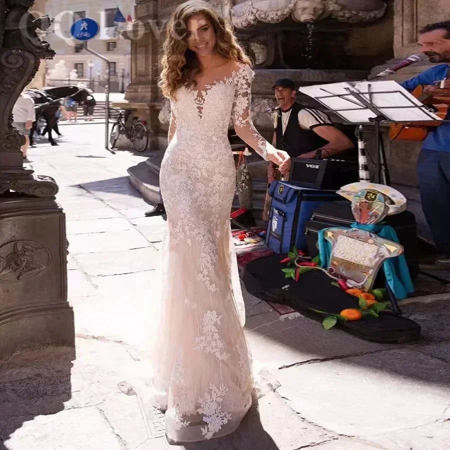 BoHo Mermaid Wedding Dress Sexy V-neck Vestidos De Novia Appliques Long Sleeves Vestido De Noiva Elegant Lace Robe De Mari�e (ZD14033) - VelvetHem