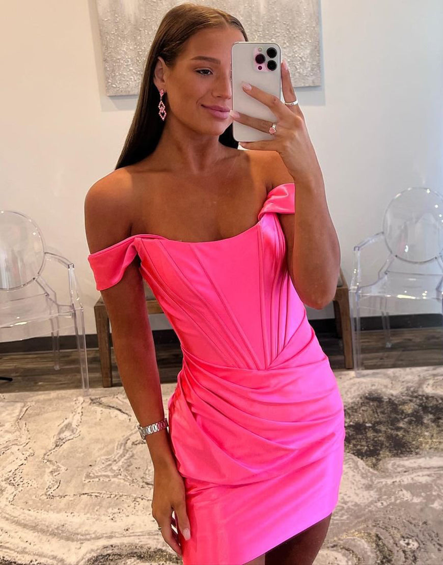 Blue Bodycon Off The Shoulder Satin Homecoming Dress With Pleating - View 8 | VelvetHem