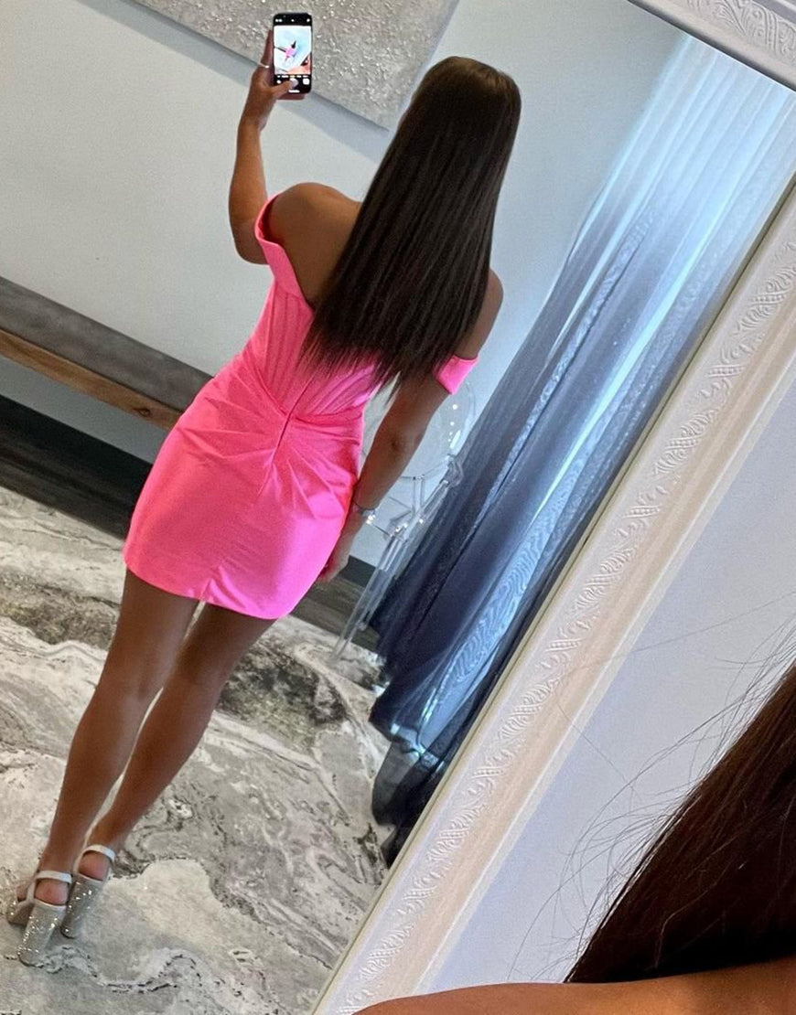 Blue Bodycon Off The Shoulder Satin Homecoming Dress With Pleating - View 6 | VelvetHem