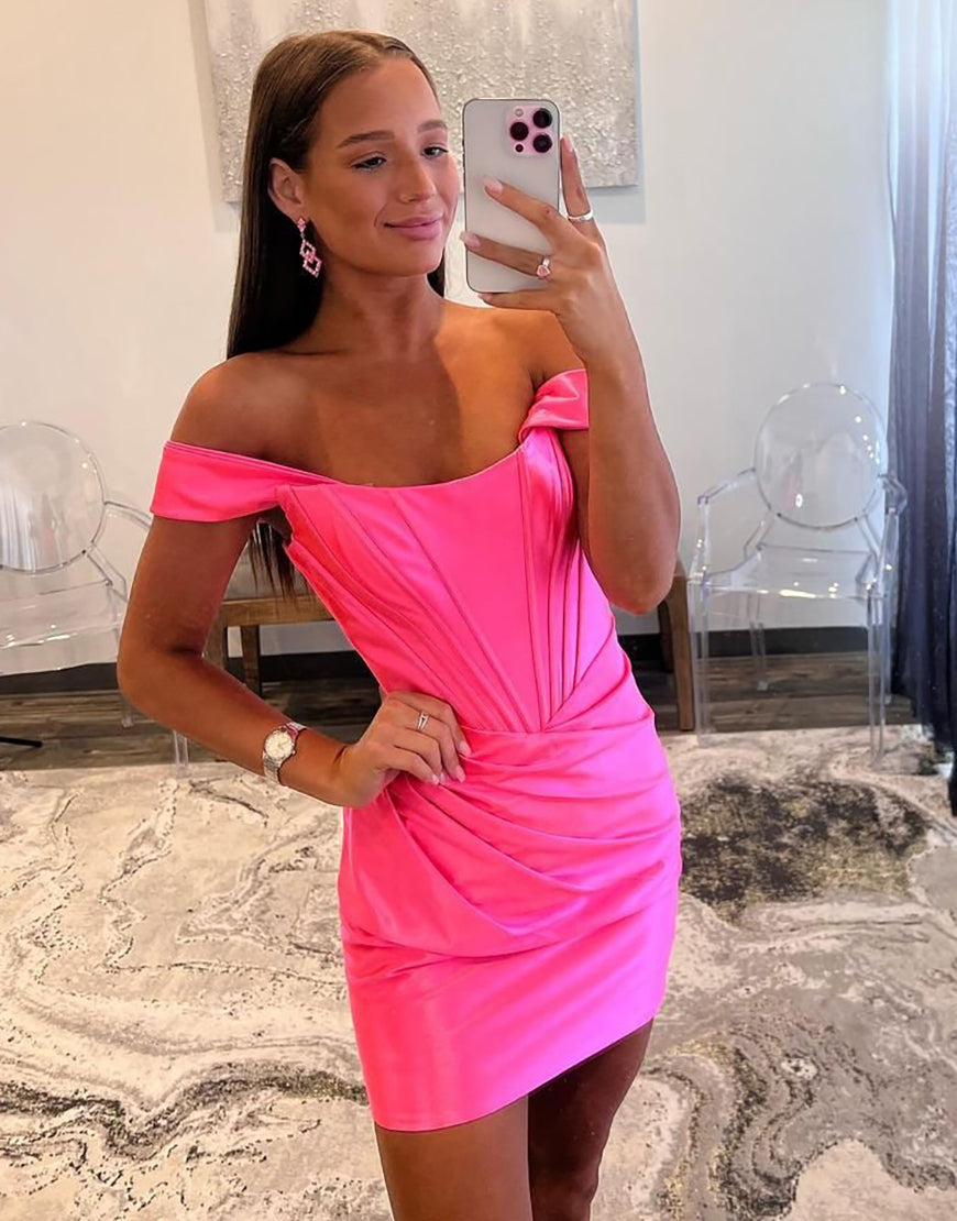 Blue Bodycon Off The Shoulder Satin Homecoming Dress With Pleating - View 5 | VelvetHem