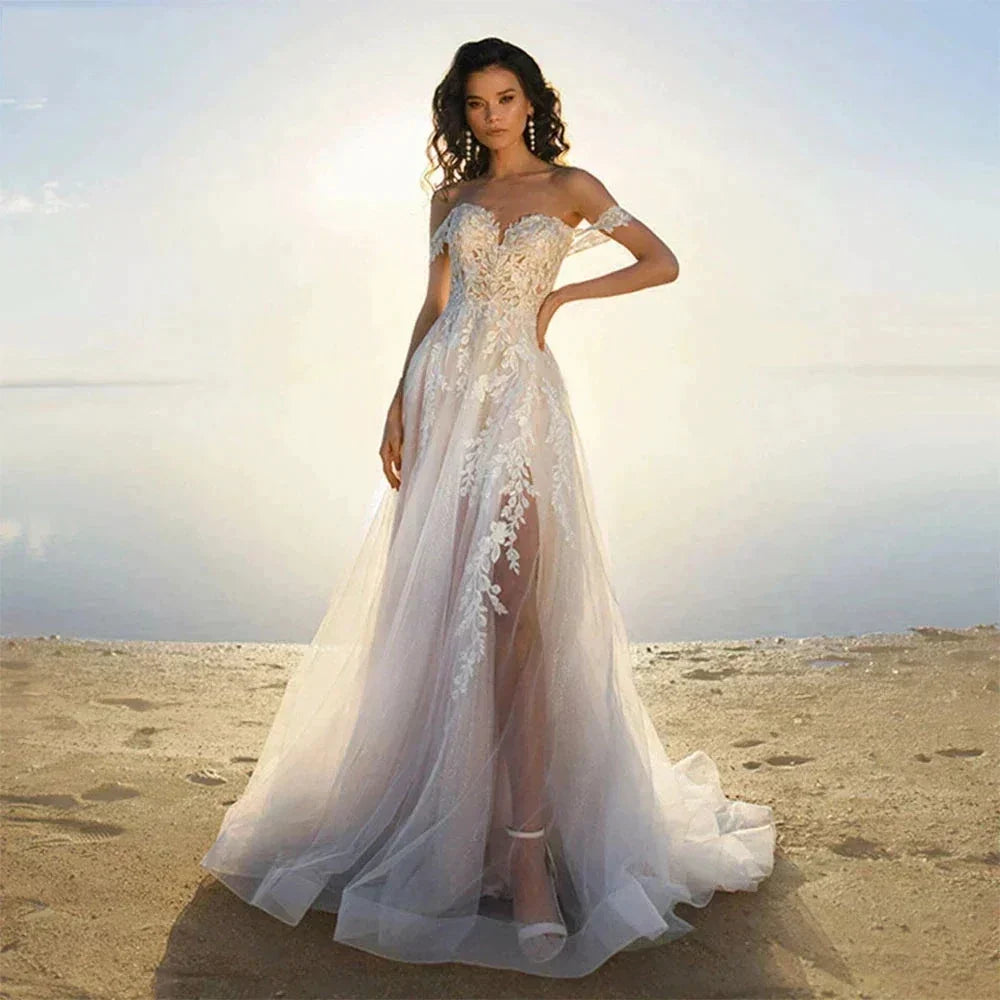 Bohemia Off Shoulder Wedding Dresses Women's Elegant Sleeveless Retro Sweet Lace Decal A-Line Backless Bridal Gowns Vestidos De (ZD14166) - VelvetHem
