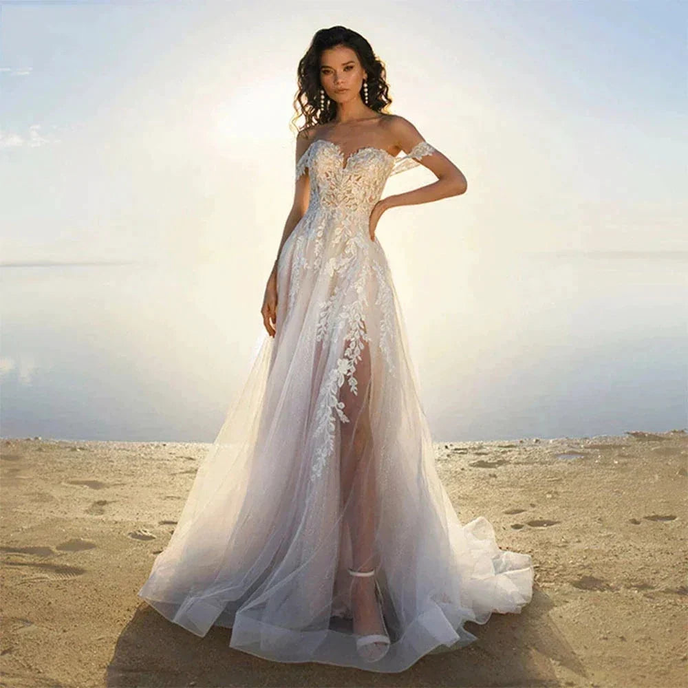 Bohemia Off Shoulder Wedding Dresses Women's Elegant Sleeveless Retro Sweet Lace Decal A-Line Backless Bridal Gowns Vestidos De by payinti