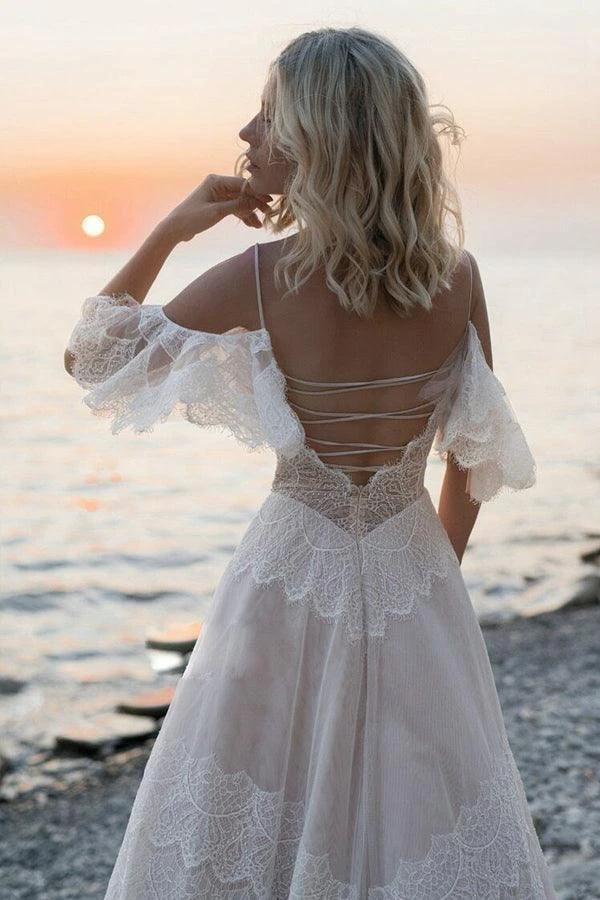 Bohemian Straps Off Shoulder Charming Lace Beach Wedding Dresses (ZD16241)
