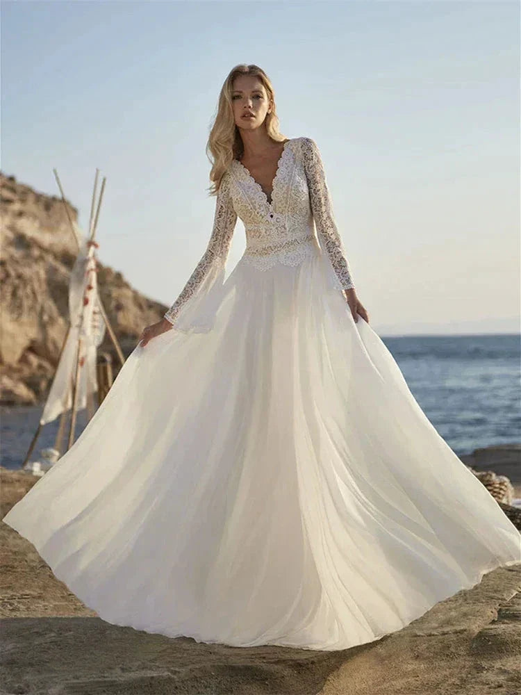 Bohemian A Line Chiffon Wedding Dresses 2024 V Neck Long Sleeve Lace Applique Backless For Women Bridal Gown Vestidos De Novia (ZD13322)