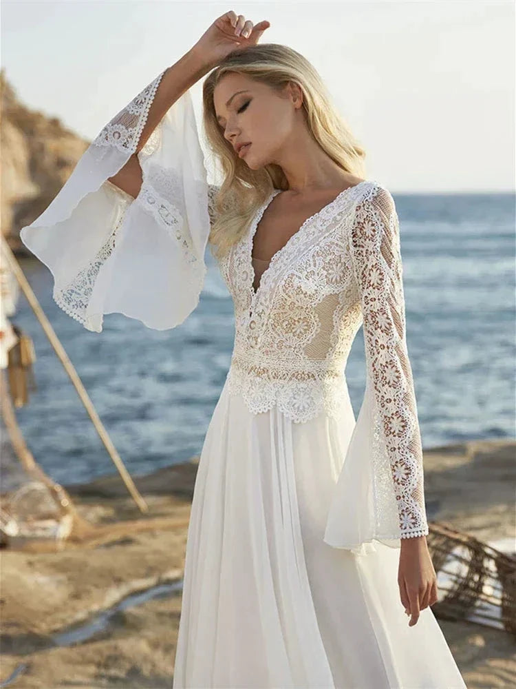 Bohemian A Line Chiffon Wedding Dresses 2024 V Neck Long Sleeve Lace Applique Backless For Women Bridal Gown Vestidos De Novia (ZD13322)
