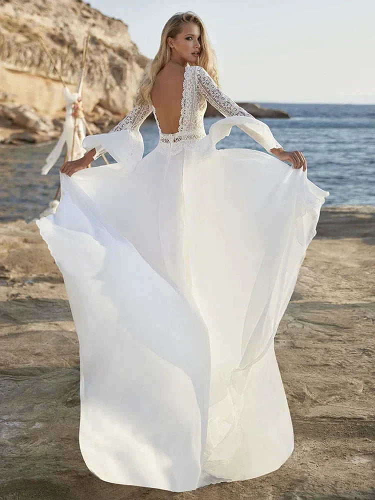 Bohemian A Line Chiffon Wedding Dresses 2024 V Neck Long Sleeve Lace Applique Backless For Women Bridal Gown Vestidos De Novia (ZD13322)