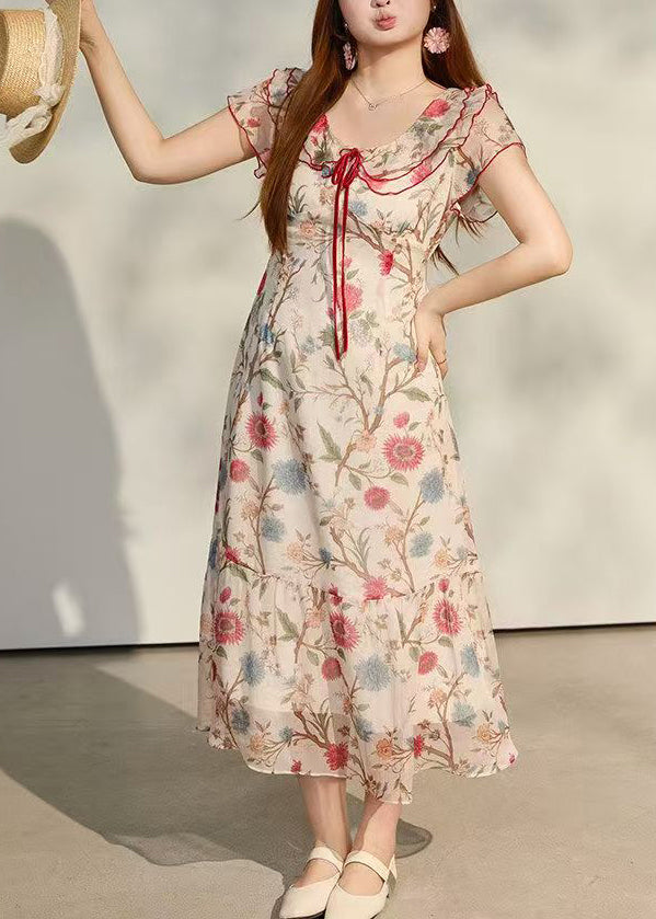 Bohemian Beige Peter Pan Collar Print Chiffon Holiday Dresses Summer