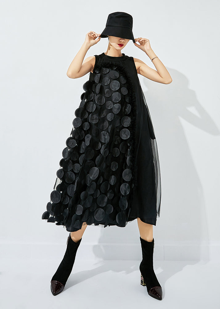 Bohemian Black Asymmetrica Patchwork Wrinkled Tulle Maxi Dress Sleeveless