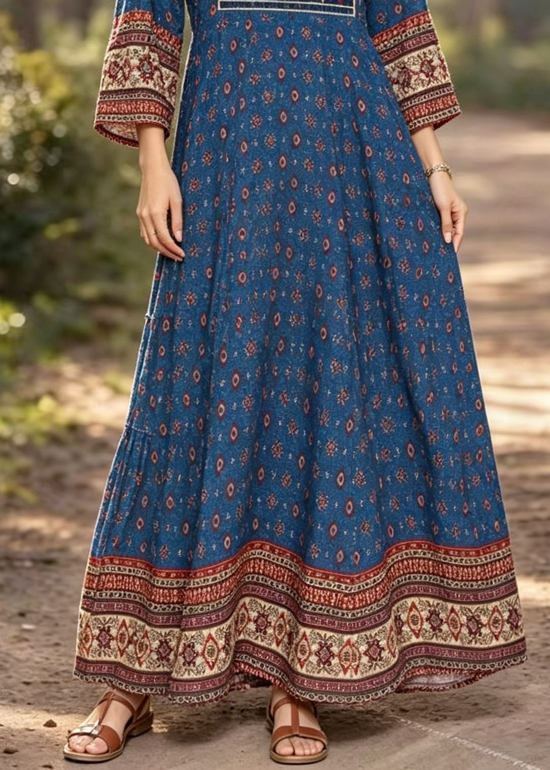 Bohemian Blue V Neck Print Cotton Long Dress Summer