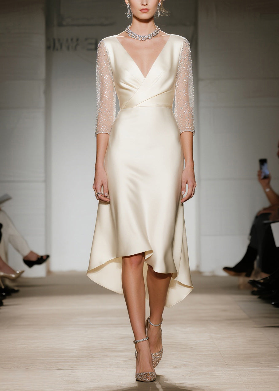 Bohemian Champagne V Neck Patchwork Silk Dresses Summer