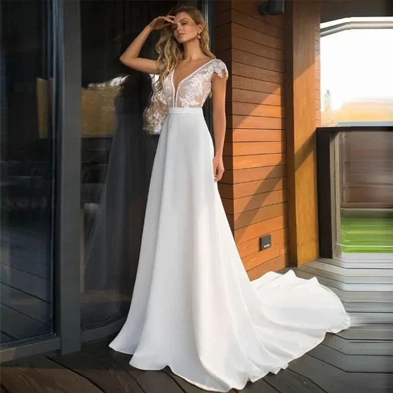 Bohemian Deep V-neck Bridal Dresses 2024 Elegant Lace Sticking Flora Back Chiffon Wedding Gowns De Mariée Customized Robe De by payinti