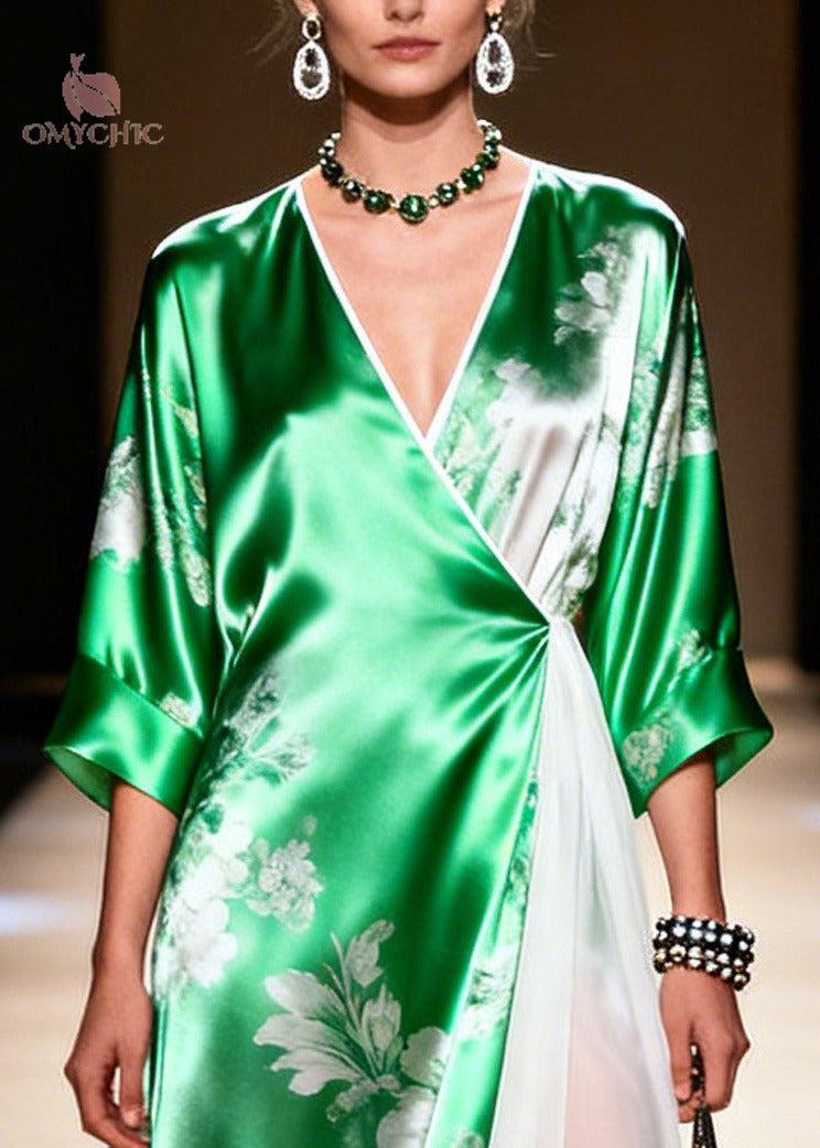 Bohemian Green Patchwork Exra Large Hem Silk Vacation Dresses Summer