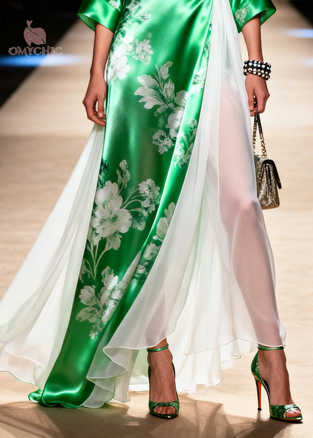 Bohemian Green Patchwork Exra Large Hem Silk Vacation Dresses Summer