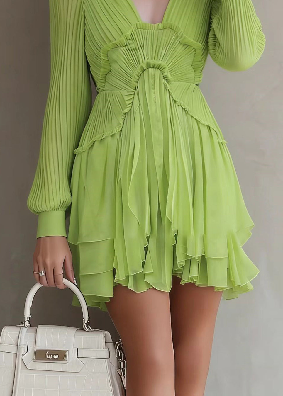 Bohemian Green Patchwork Wrinkled Solid Mid Dresses Lantern Sleeve