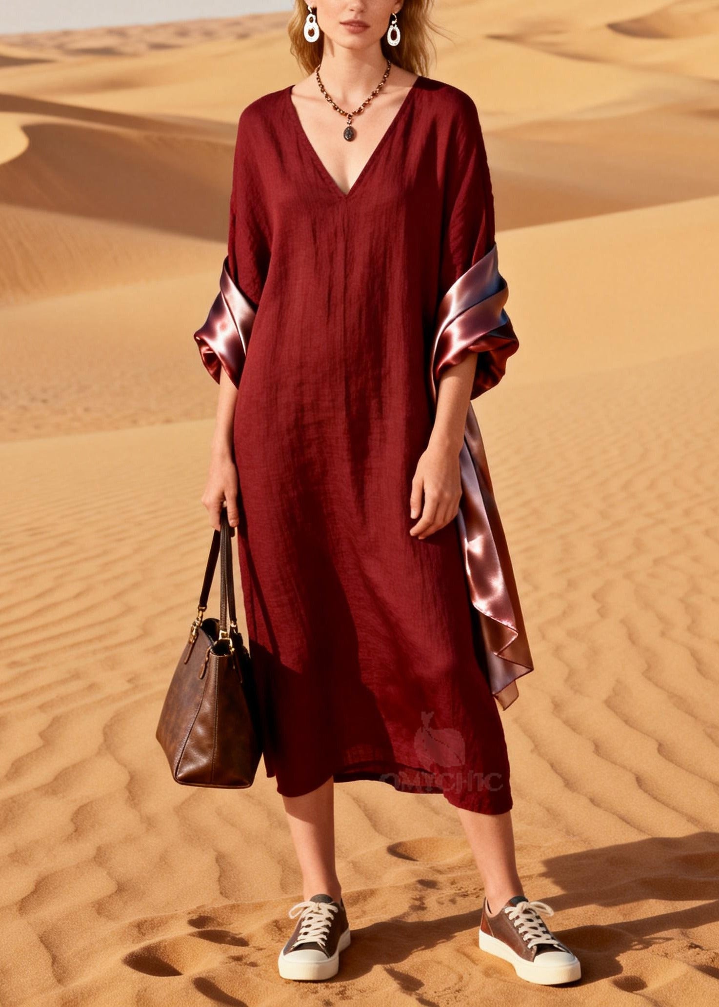 Bohemian Mulberry V Neck Patchwork Cotton Maxi Dresses Summer