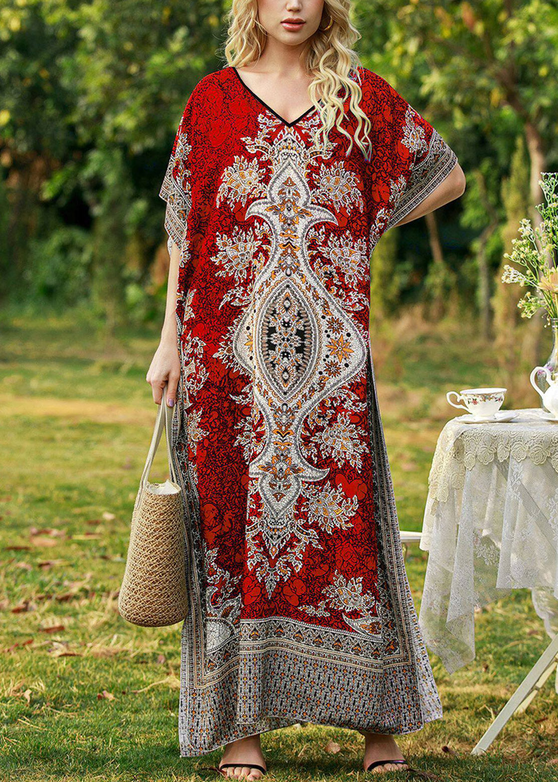 Bohemian Red Maxi Dress V Neck Print Summer