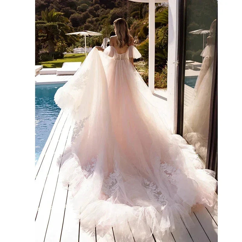 Bohemian Tulle Applique A-Line Wedding Dress With Detachable Sleeves Bridal Gownes Elegant Women's Formal Wedding Dresse Vestido (ZD14198)
