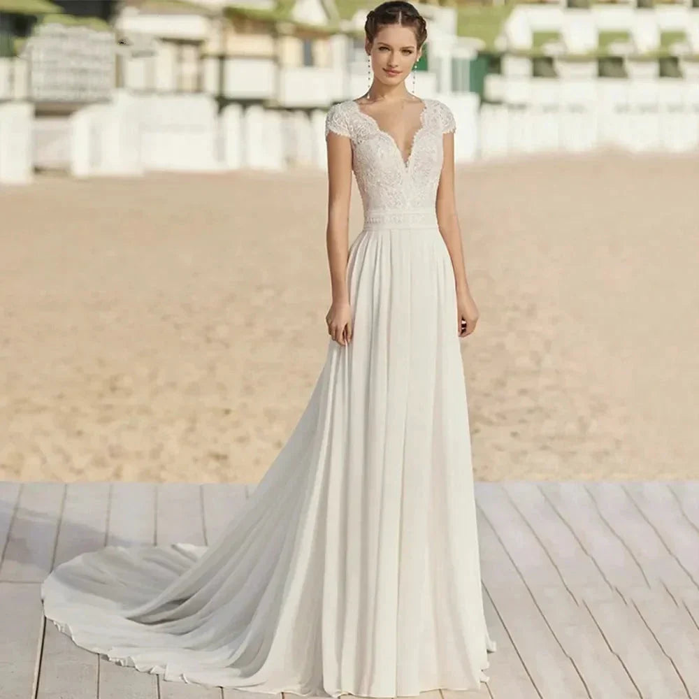 Bohemian V Neck Chiffon Wedding Dresses Short Sleeve Illusion Buttons Back Lace Vestido De Noiva Robe De Mariee (ZD14056) - VelvetHem