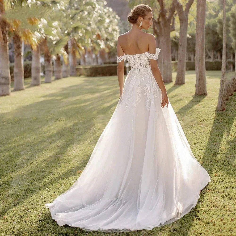 Bohemian Women's Wedding Dresses Sexy Off Shoulder A-Line Sheer Sticker Princess Prom Bridal Gowns Vestidos De Novia Robe (ZD14193)