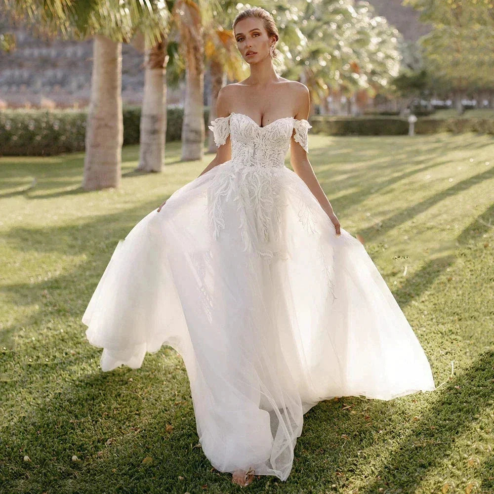Bohemian Women's Wedding Dresses Sexy Off Shoulder A-Line Sheer Sticker Princess Prom Bridal Gowns Vestidos De Novia Robe (ZD14193)