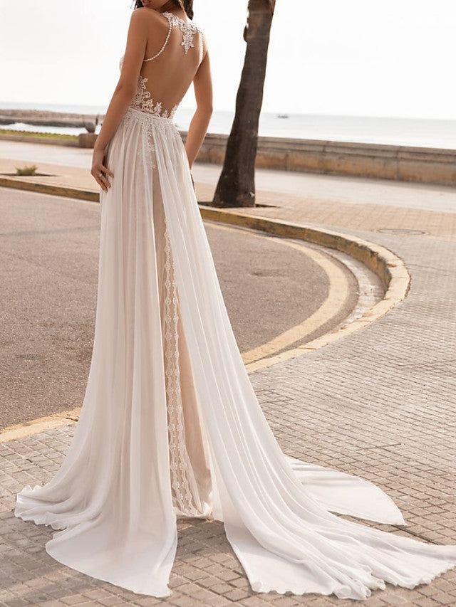 Boho A-Line Chiffon Beach Wedding Dress Beach Tulle Lace Sleeveless Bridal Gowns On Sale