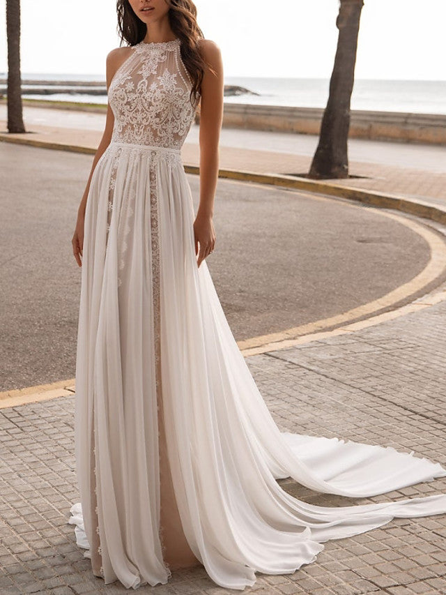 Boho A-Line Chiffon Beach Wedding Dress Beach Tulle Lace Sleeveless Bridal Gowns On Sale