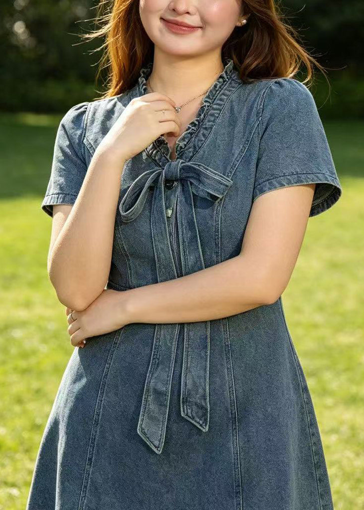 Boho Blue Ruffled Bow Denim Tea Dress Summer