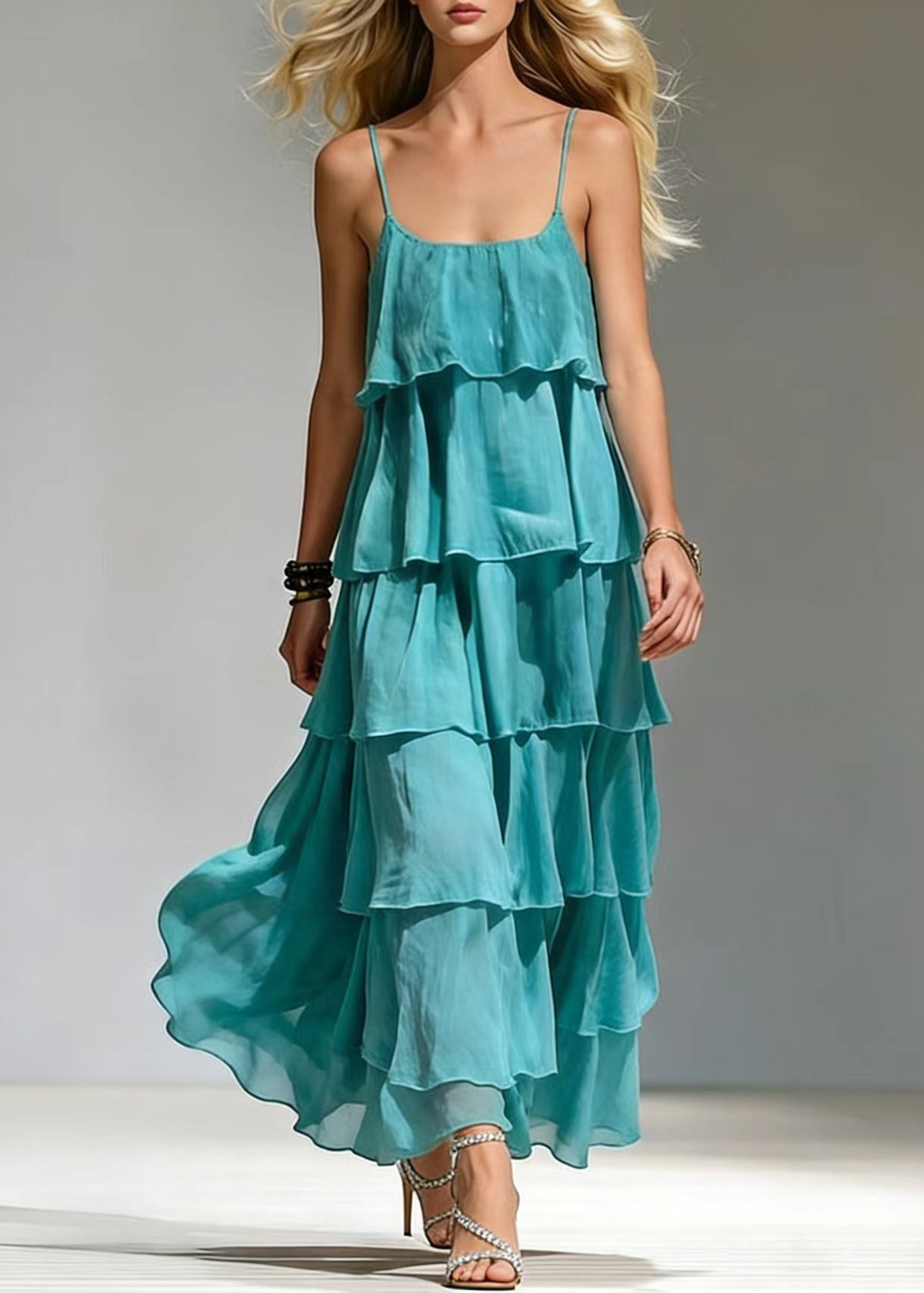 Boho Blue Ruffled Cotton Beach Dress Summer