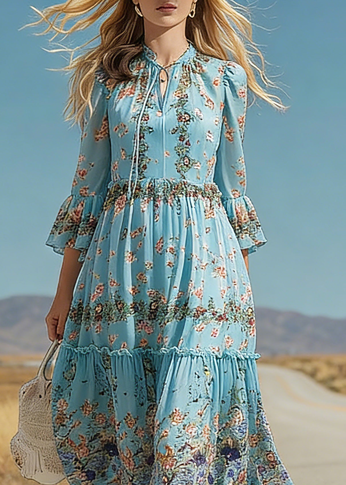 Boho Blue Ruffled Patchwork Print Silk Maxi Dress Flare Sleeve