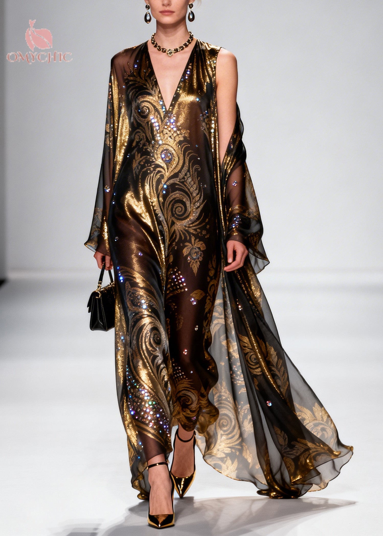Boho Brown Rhinestone Exra Large Hem Silk Party Dress Summer