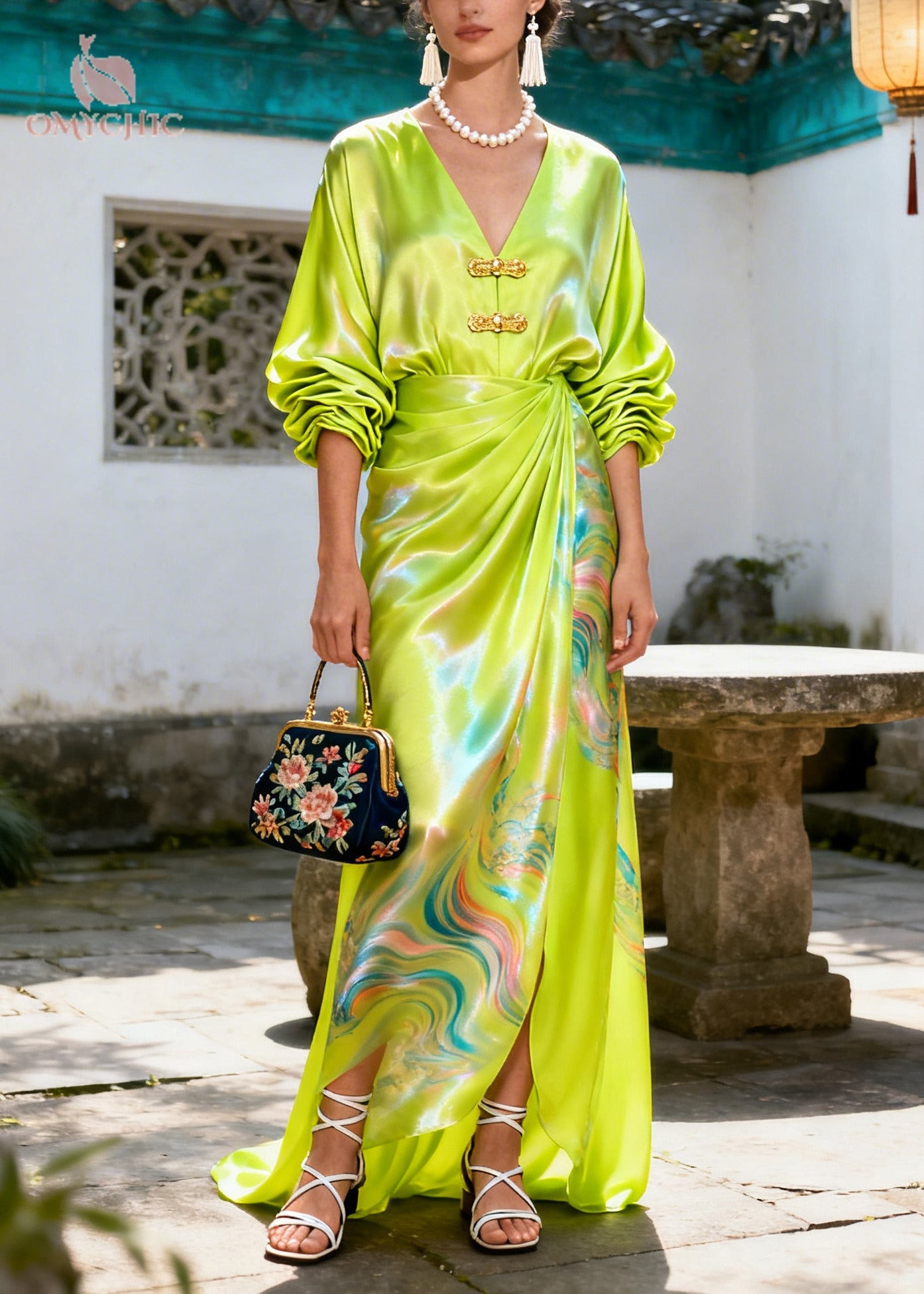Boho Green Print Chinese Button Silk Maxi Dresses Summer