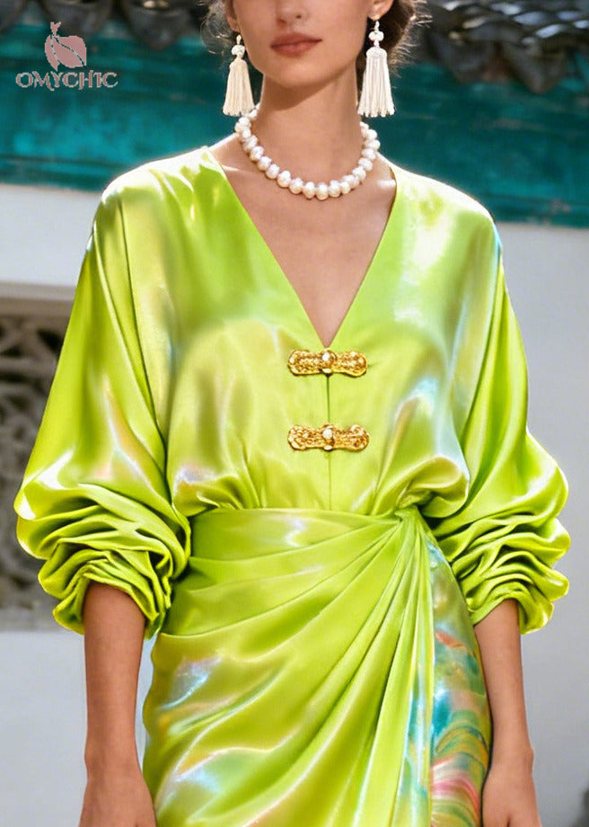 Boho Green Print Chinese Button Silk Maxi Dresses Summer