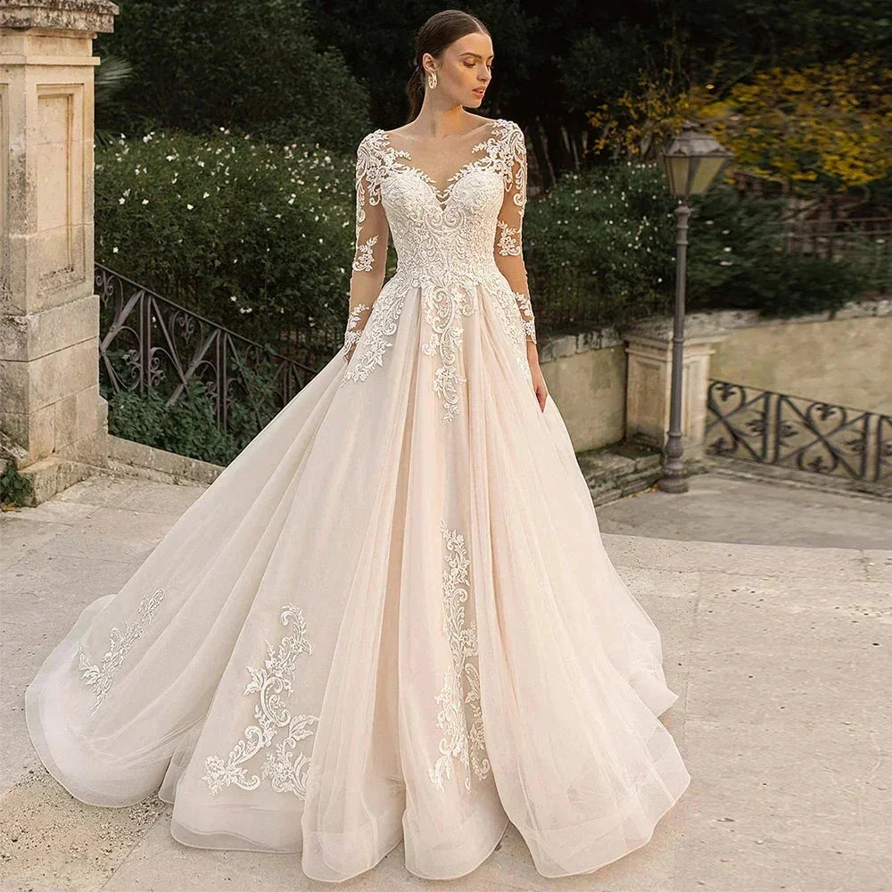 Boho Lace Tulle Wedding Dress Princess Champagne A-Line V-Neck Long Sleeves Appliques Illusion Backless With Button Bridal Gown (ZD13452) - VelvetHem