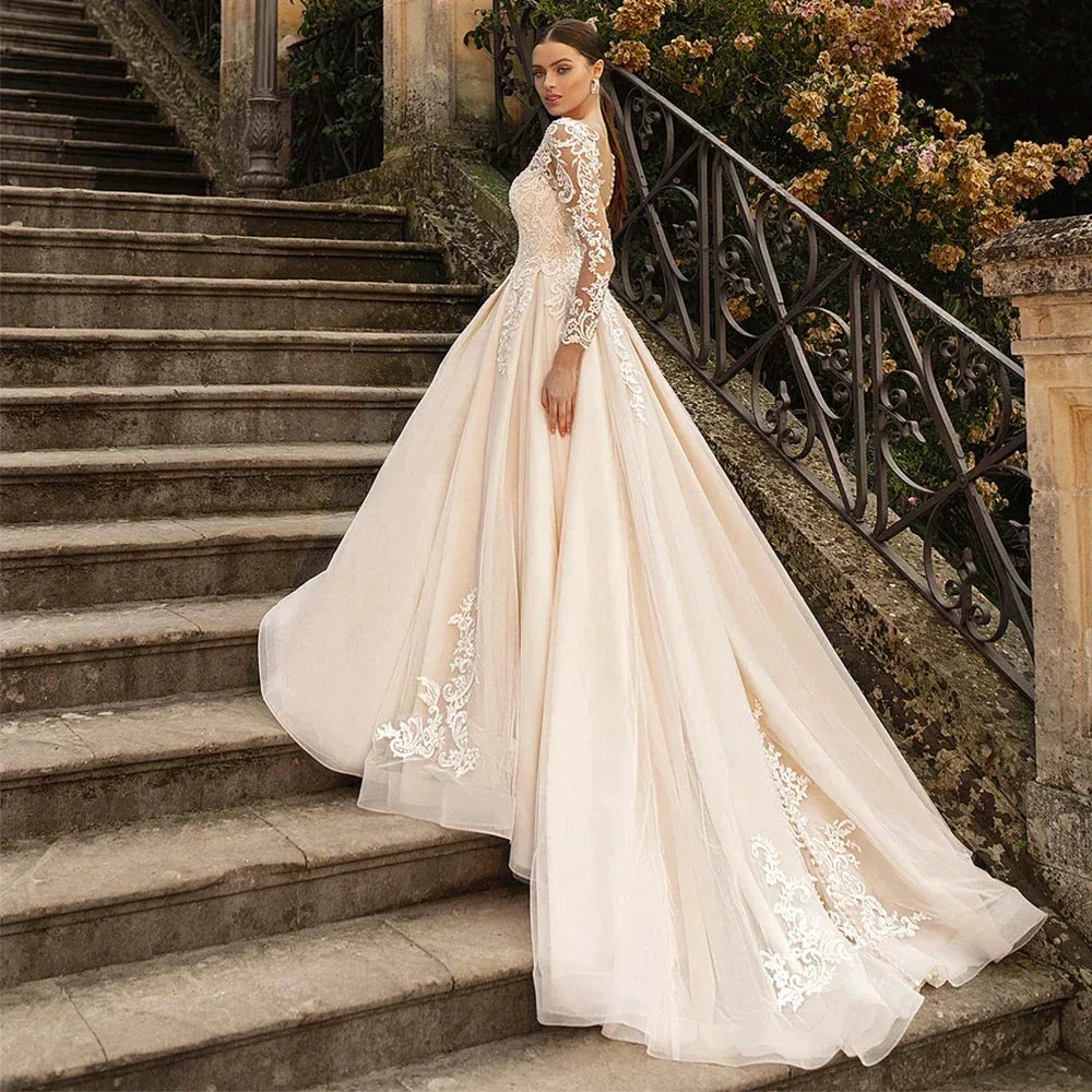 Boho Lace Tulle Wedding Dress Princess Champagne A-Line V-Neck Long Sleeves Appliques Illusion Backless With Button Bridal Gown (ZD13452)