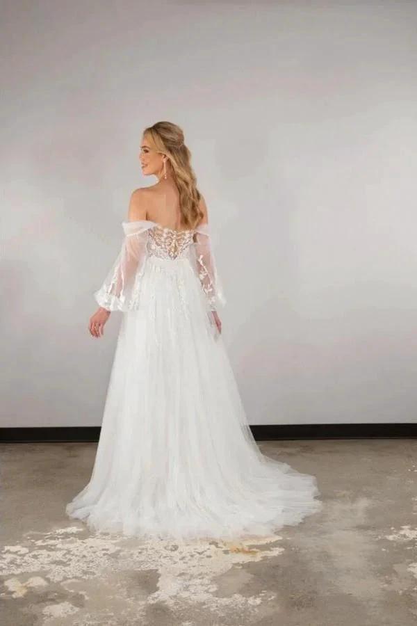 Boho Long White A-line Off-the-shoulder Lace Wedding Dresses with Long Sleeves (ZD15643)
