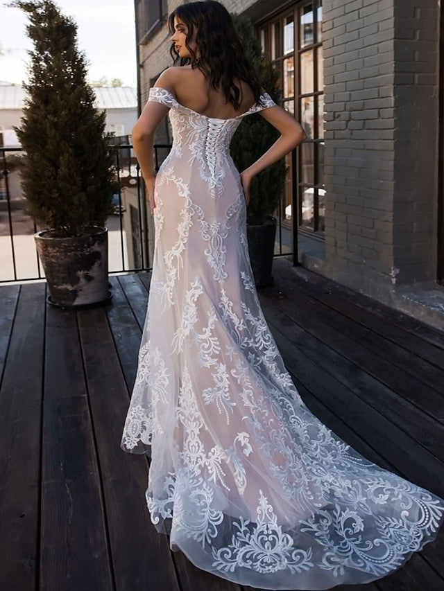 Boho Mermaid Beach Wedding Dress Sweetheart Lace Regular Straps Bridal Gowns Illusion Detail with Court Train