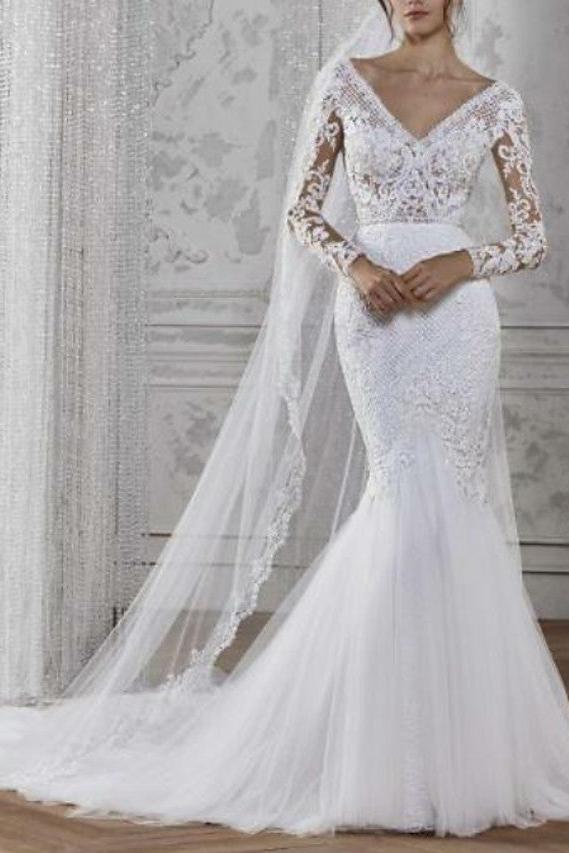 Boho Mermaid Beach Wedding Dresses V-Neck Lace Tulle Long Sleeve Bridal Gowns Illusion Sleeve Bridal Gowns Court Train