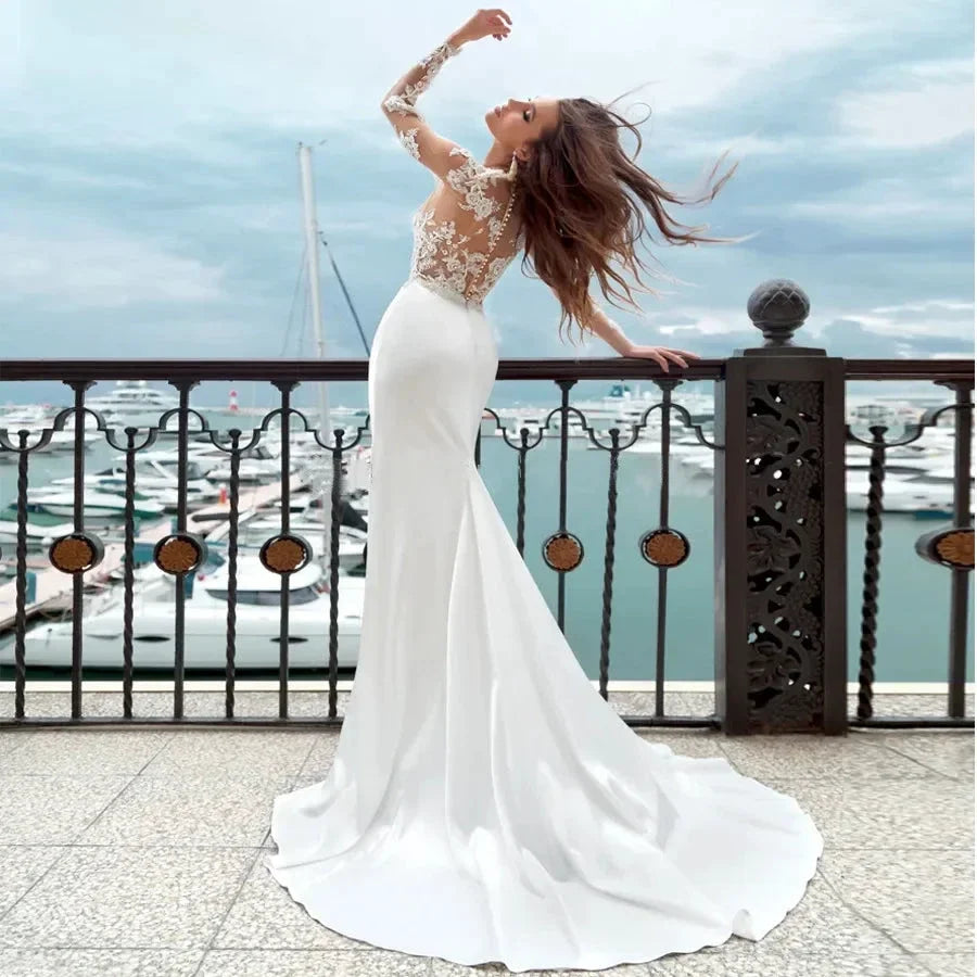 Mermaid Wedding Dresses Long Sleeves Sheer Scoop Neckline Applique Satin Buttons Back Beach Bridal Gowns Sweep Train 2023 (ZD13450)