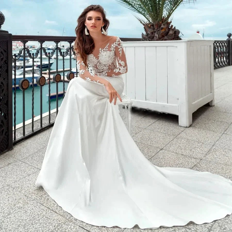 Mermaid Wedding Dresses Long Sleeves Sheer Scoop Neckline Applique Satin Buttons Back Beach Bridal Gowns Sweep Train 2023 (ZD13450)