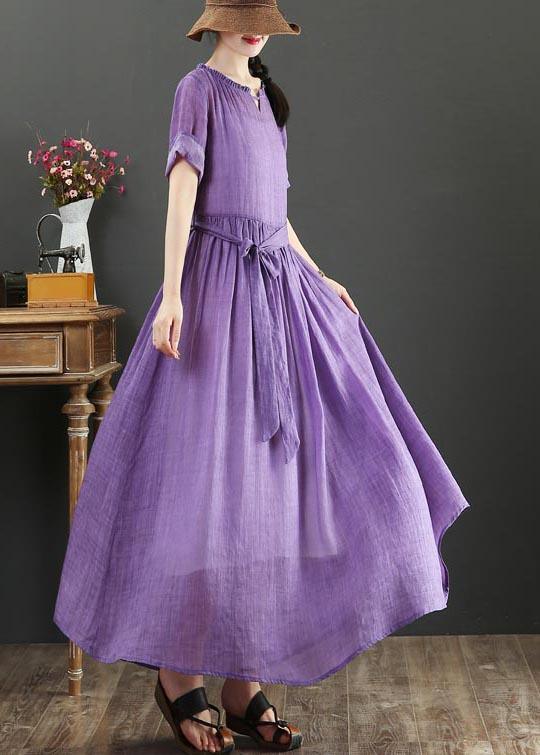 Boho Purple Ruffled Maxi Summer Linen Dress