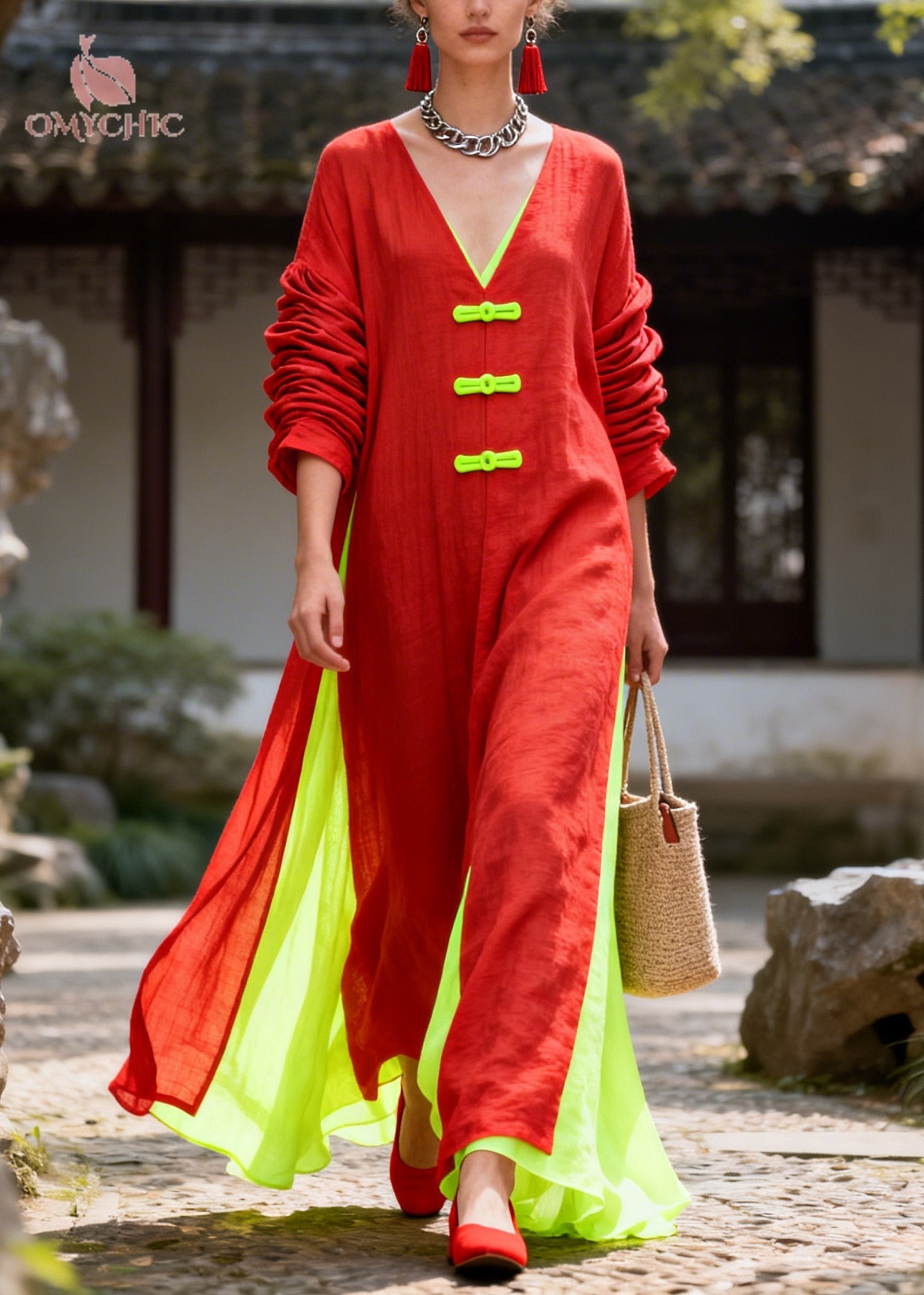 Boho Red Oversized Patchwork Chinese Button Cotton Dress Long Sleeve